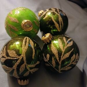 Vintage West Germany Glass  Ornaments Gold Glitter Leaf